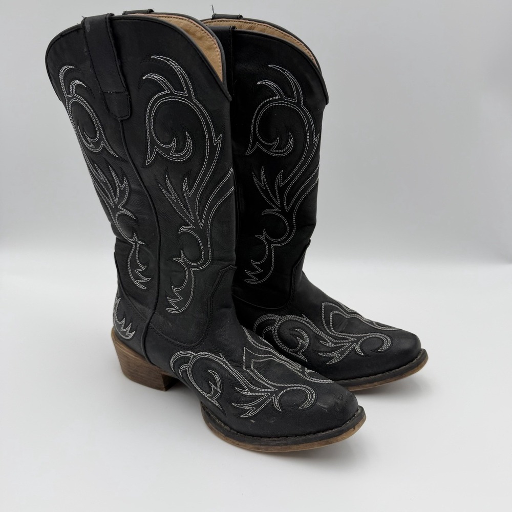 Roper Western Cowboy Boots Womens 6.5 Black Embroidered Square Toe